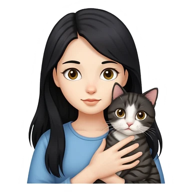 Long black hair girl holding a haired tabby cat sticker