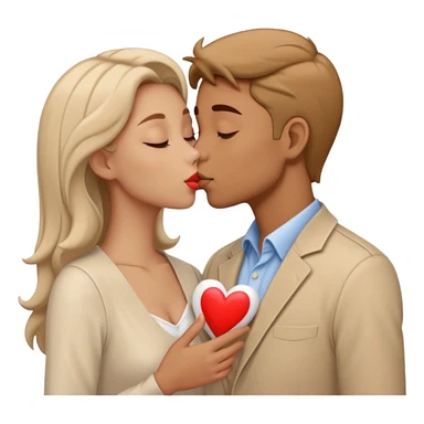 A man in pale beige clothes and a woman in pale beige clothes are kissing with white hearts sticker