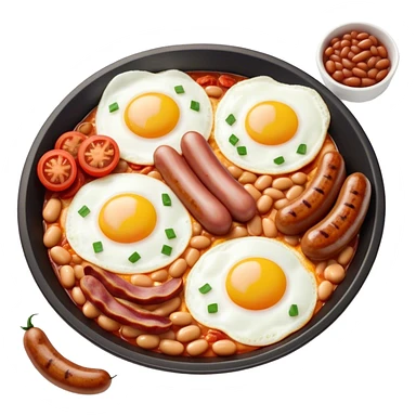 Cinematic Realistic English Breakfast Dish Emoji, showcasing a hearty ensemble of eggs, bacon, sausages, baked beans, and grilled tomatoes rendered with lifelike texture and vibrant, appetizing detail that exudes comforting tradition. sticker