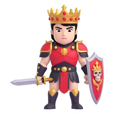 Muscular hero wearing black and red Greek armor with a skull shoulder pad and laurel crown. The hero has black hair with red and gold highlights, holding a red sword, standing confidently before a throne decorated with skulls and glowing yellow light. sticker