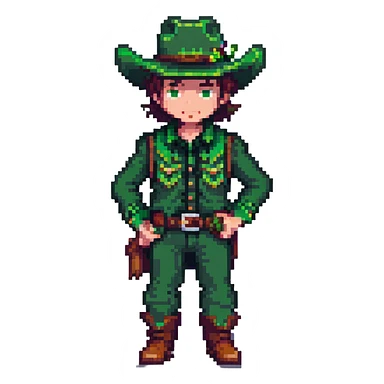Pixel art cowboy with green outfit and green cowboy hat sticker