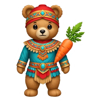 teddy bear, wearing red mayan ancient custome, with carrot half body sticker