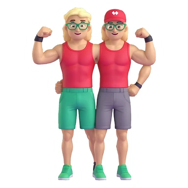 Man with black and white cap, bare muscular torso, red shorts, clear glasses, messy light blond mullet hairstyle, flexing and smiling sticker