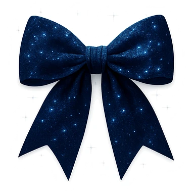 Add extra glitter and sparkling effects to the midnight bow with dark blue velvet texture, shimmering with silver flecks, and a faint ethereal glow. Keep the background transparent. Maintain the look of a midnight bow with dark blue velvet fabric and silver flecks. sticker
