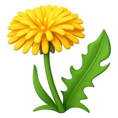 Create a 3D illustration of a dandelion in the style of iOS Apple emoji, featuring a voluminous yellow flower and a green leaf, on a transparent square background. The style should mimic the Apple emoji look with a 3D effect and vibrant colors. sticker