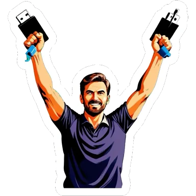 Man holding both arms in the air and holding an electrical cable sticker