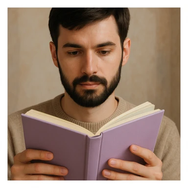 a white young man with a black beard, straight hair, and brown eyes reading a lilac-colored book, visually appealing style sticker