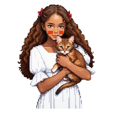 beautiful girl with curly long brown hair wearing a white dress holding an Abyssinian cat with reddish-brown fur in her arms sticker