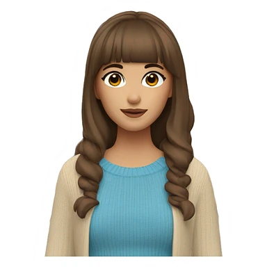 A girl with brown hair, with bangs to the right and left, in a beige sweater in the Atomy cosmetics store with blue booves sticker