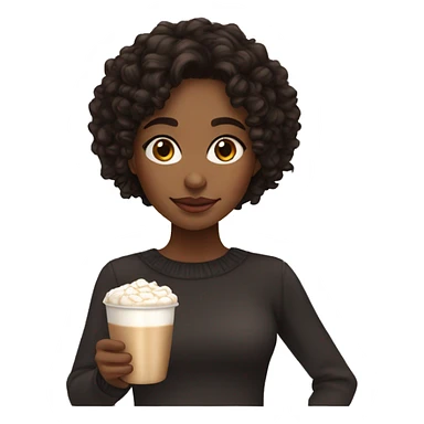 Light brown girl with black medium curly hair and a hot chocolate sticker