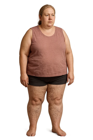 donna realistica leggermente in sovrappeso con vene visibili sulle gambe e gambe gonfie, iperrealistica 4k, IPERREALISTICA 4K sticker