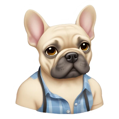 Frenchie breeder with blue eyes and light skin he’s from Cuba and a blonde haired fat frenchie and a fluffy dark grayish one and his shirt needs to say “Lazy Bulls” sticker
