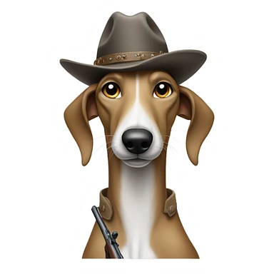 Greyhound holding a Rifle with a Stentson hat sticker