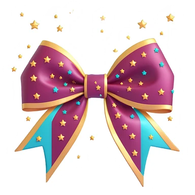 sparkly burgundy bow with gold outline and stars, glossy wet look sticker