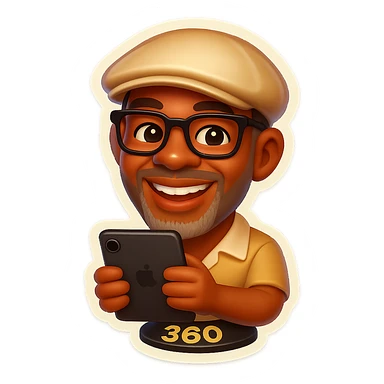 Create a rounded, expressive emoji of a man wearing a Kangol hat, glasses, and grey beard stubble. He is standing on a 360 booth holding an iPad as the camera. The style should be consistent with retro stickers emoji style. sticker