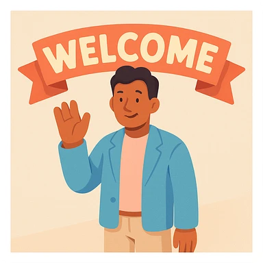 human character, center-frame, casual smart clothing in pastel blues, pinks, and neutrals, warm smile, one hand raised in a wave, stylized 'Welcome' banner behind, isometric perspective, soft diffuse studio lighting, subtle shadows, light depth of field, smooth rounded shapes, realistic skin texture, clean polished surfaces, modern minimalistic setting sticker