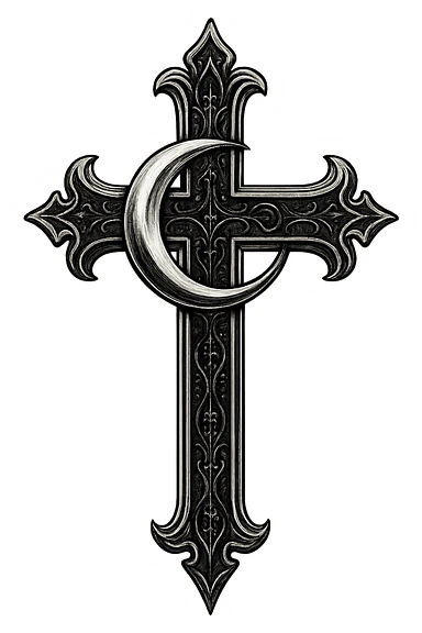 gothic style black and silver cross with a crescent moon sticker
