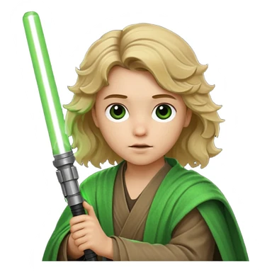 Young jedi with dirty blonde wavy hair holding a green lightsaber sticker