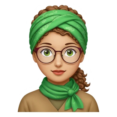 iranian woman, tight curly light brown hair in pony tail, glasses, green eyes, pretty, oval shape face sticker