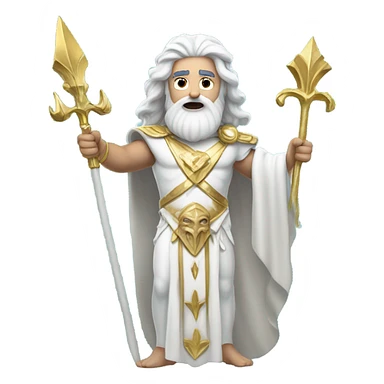 white Poseidon with gold Trident. long white hair white dress. with keys sticker
