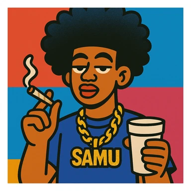 person with a high curly afro, sparkling 'samu' chain, holding a styrofoam cup and a joint, colorful urban art style sticker