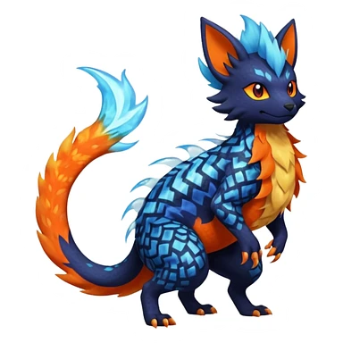
Canine-Litten-Amaura-Salandit-Noibat-Flareon-Fakémon-fusion (full body) with intricate pattern markings sticker