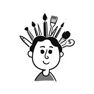 Art tools and brushes forming the shape of a human face, representing artistic identity sticker