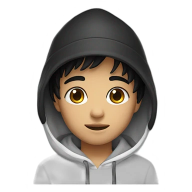 A boy with black eyes and black hair, wearing a black bucket hat and a white hoodie  sticker