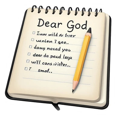 Open notebook with "Dear God" written at top of page and pencil beside it sticker