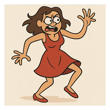 woman in a red dress dancing off-beat, playful, energetic, minimal background sticker