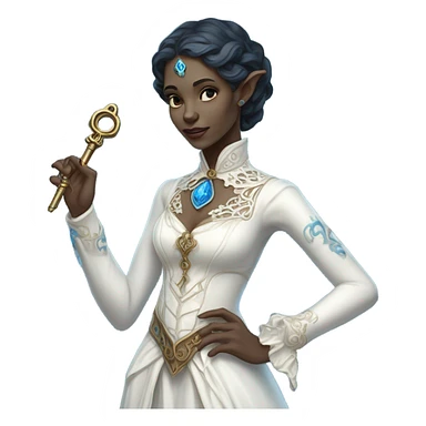 elf blue witch woman login holding a big key in white victorian dress, full body sticker