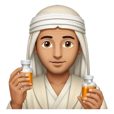 Arab man wearing traditional headdress holding medicine bottle or pill sticker
