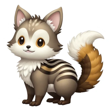 lush warm-colored Fakémon-Trico-creature (full body) with white cheek markings, white-striped tail sticker