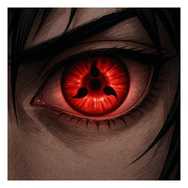 sharingan eye, highly detailed, glowing red, black tomoe, anime style sticker