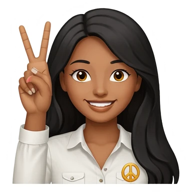 pretty brown skin woman with long black hair and brown eyes holding up the peace sign sticker