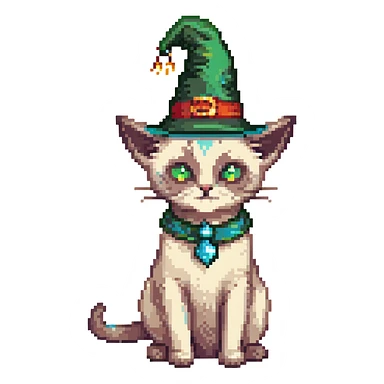 A pixel art image of a Siamese cat wizard with a green hat. sticker