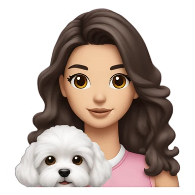 brunette Kendall Jenner with long hair holding on the hands white maltipoo wear on pink collar sticker
