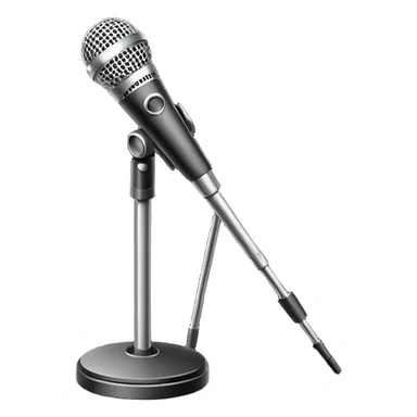 Minimalistic flat vector icon, iOS style, thin black contour on white background. Microphone on a stand with small spotlight rays. Clean, no text, no shadows sticker