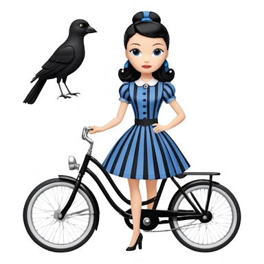 1920s coal hair Silkstone Marie Antoinette Barbie Wednesday Addams from academy in a blue and black vertically-striped classic dress. riding hot rod bikes with crows sticker
