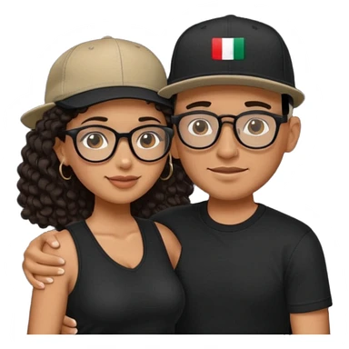 A picture of an embracing tanned couple. the man is a Mexican man with tanned skin, with a bald hair cut wearing a SnapBack hat and a black shirt. the woman wearing black glasses, with long curly dark brown hair and with big boobs.  sticker