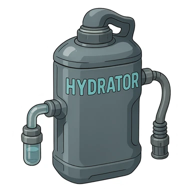 the image is the icon for a videogame insta-use item, it is a hydrator- futuristic cyberpunk - gray canister - hydration supplement -  it is master craftsmanship, not dinged or damaged, and has fluid line couplings where it is to be attached sticker