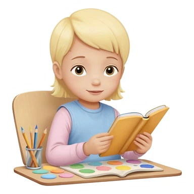 Flat illustration emoji of a small child sitting and reading a book with colored pencils or paint palette nearby, happy and peaceful expression, soft pastel colors (yellow, light blue, soft pink), rounded shapes, minimal details, child-friendly, warm and gentle style sticker