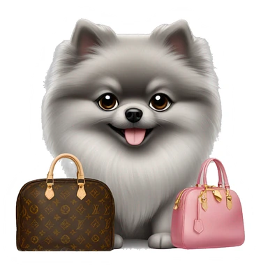 Little grey Pomeranian and a Louis Vuitton bag sticker