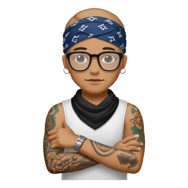 character with bandana and glasses and tattoed sticker