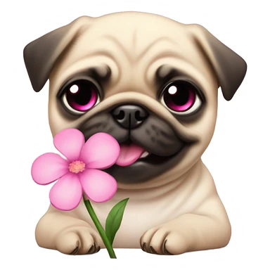 Baby pug playing with a flower pink eyes  sticker