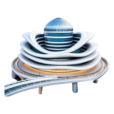 Realistic Dongdaemun Design Plaza (DDP) Landmark Emoji, featuring the iconic curving silver structure with futuristic architecture, illuminated pathways, and a sleek modern design set against the Seoul cityscape. sticker