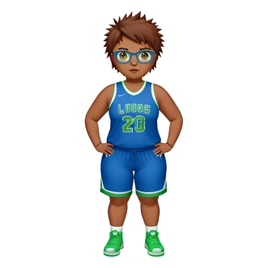 Full Body white plus size Girl with basketball spikey short brown HAIR wearing blue glasses with green eyes wearing blue and green basketball uniform PLAIN sticker