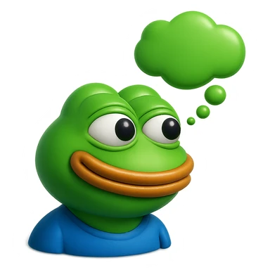 make a pepe in bright green smiling with thought bubble looking at left side in 3d style, good highlights and shadows, drop shadows sticker