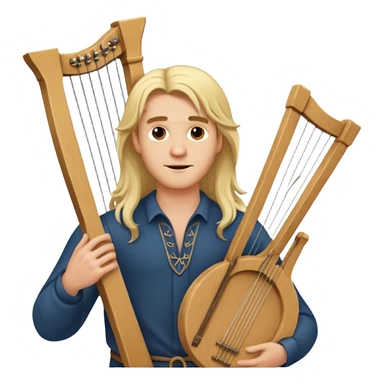 Man with long blonde hair confidently holding a lyre sticker