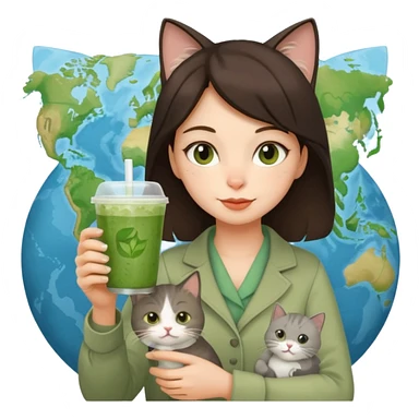 a brunette woman in here 30S drinking an iced matcha, carrying a grey cat and a map of the world sticker